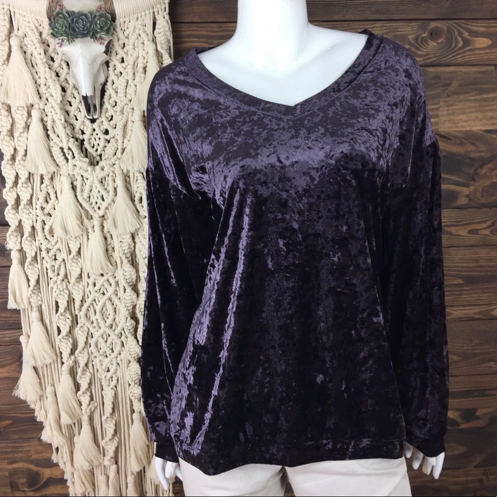 Wishlist | Crushed Velvet V-Neck Balloon‎ Sleeve Oversized Sweater Blouse Purple